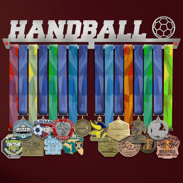 Handball Medal Hanger holding a full row of medals on a wall
