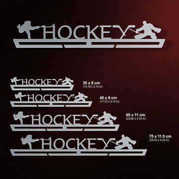 Hockey Medal Hanger shown in all available sizes with dimensions