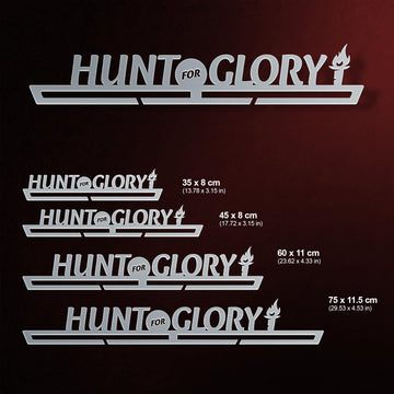 Hunt For Glory Medal Hanger shown in all available sizes with dimensions