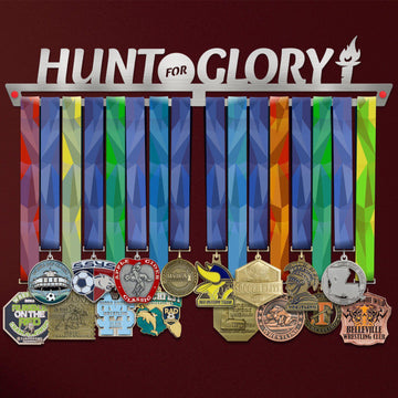 Hunt For Glory Medal Hanger holding a full row of medals on a wall