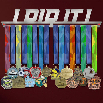 I Did It Medal Hanger holding a full row of medals on a wall