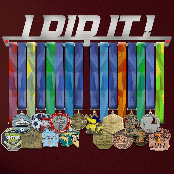 I Did It Medal Hanger holding a full row of medals on a wall