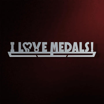 I Love Medals Medal Hanger in laser-cut steel on a dark background