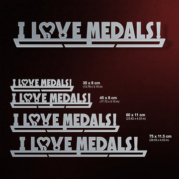 I Love Medals Medal Hanger shown in all available sizes with dimensions