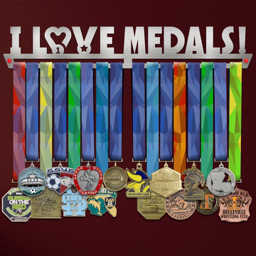 I Love Medals Medal Hanger holding a full row of medals on a wall