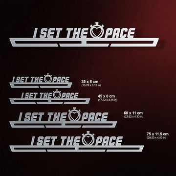 I Set The Pace Medal Hanger shown in all available sizes with dimensions