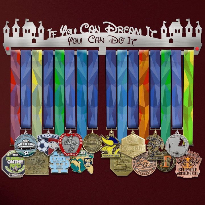 If You Can Dream It Medal Hanger holding a full row of medals on a wall