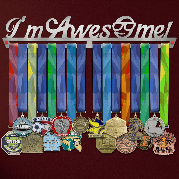 I'm Awesome Medal Hanger holding a full row of medals on a wall