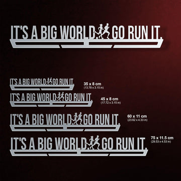 It's A Big World Go Run It Medal Hanger shown in all available sizes with dimensions