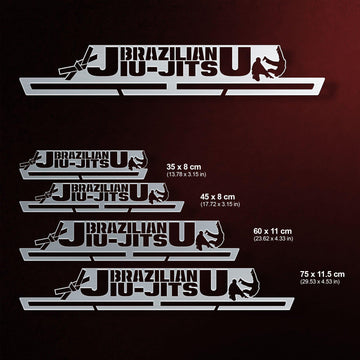 Brazilian Jiu Jitsu Medal Hanger shown in all available sizes with dimensions