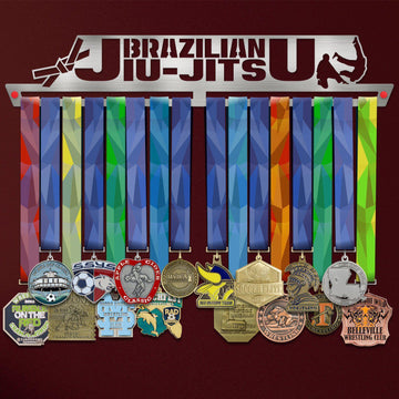 Brazilian Jiu Jitsu Medal Hanger holding a full row of medals on a wall