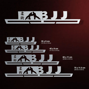 BJJ Jiu-Jitsu Medal Hanger shown in all available sizes with dimensions
