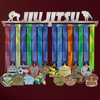 Jiu Jitsu Medal Hanger holding a full row of medals on a wall