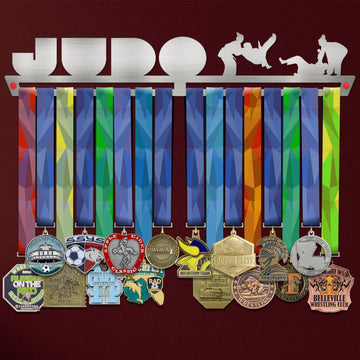 Judo Medal Hanger holding a full row of medals on a wall