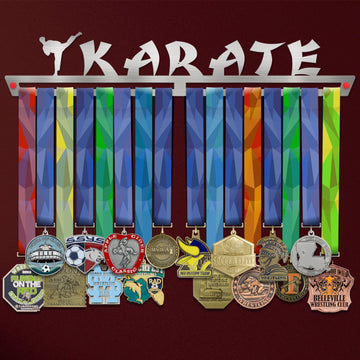 Karate Medal Hanger holding a full row of medals on a wall