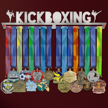 Kickboxing Medal Hanger holding a full row of medals on a wall