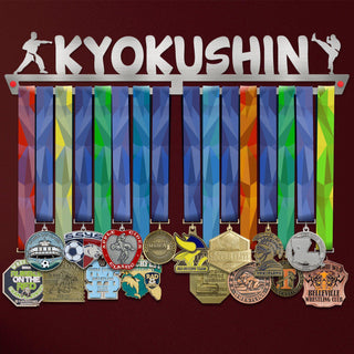 Kyokushin Karate Medal Hanger holding a full row of medals on a wall