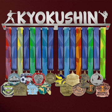 Kyokushin Karate Medal Hanger holding a full row of medals on a wall