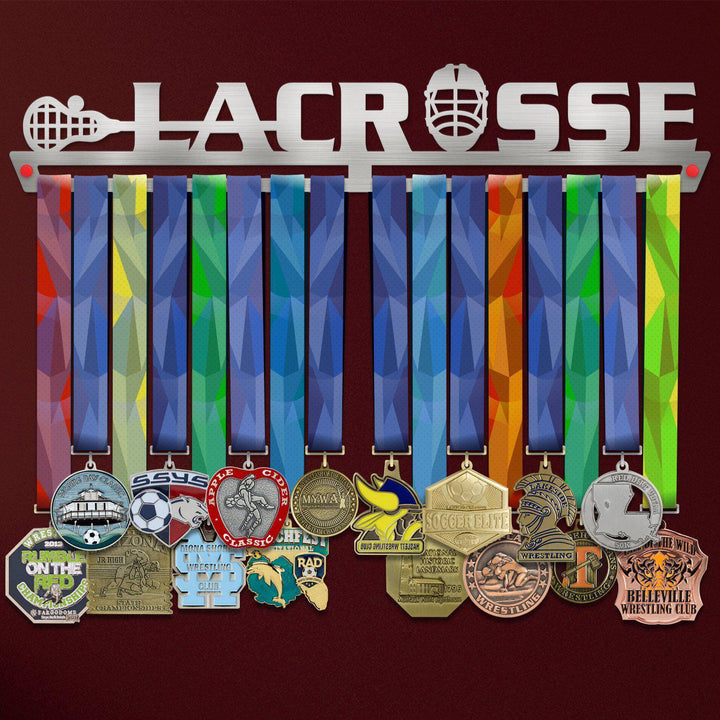 Lacrosse Medal Hanger holding a full row of medals on a wall