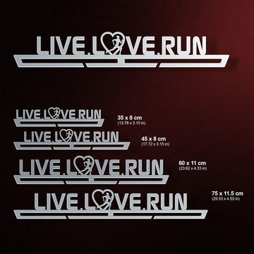 Women's Live Love Run Medal Hanger shown in all available sizes with dimensions