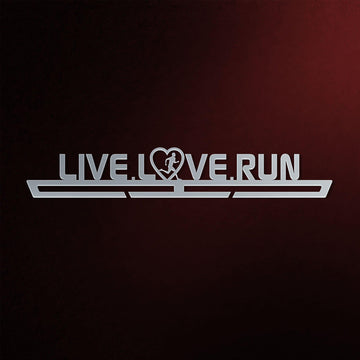 Men's Live Love Run Medal Hanger in laser-cut steel on a dark background