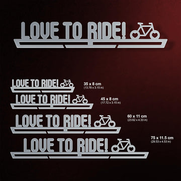 Love To Ride Medal Hanger shown in all available sizes with dimensions