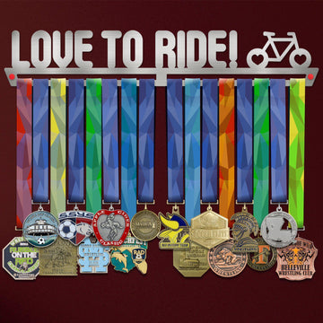 Love To Ride Medal Hanger holding a full row of medals on a wall