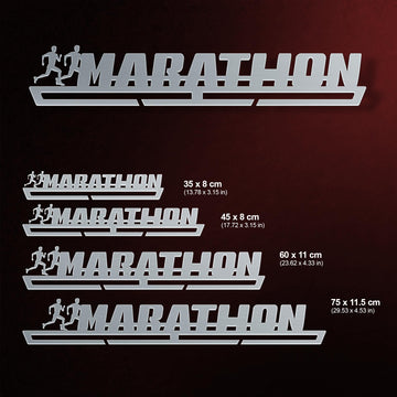 Marathon Medal Hanger shown in all available sizes with dimensions