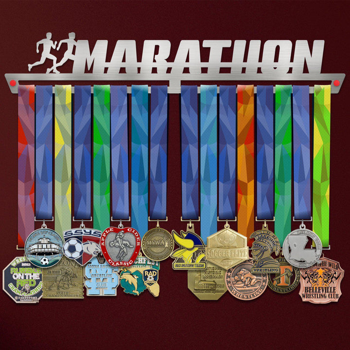 Marathon Medal Hanger holding a full row of medals on a wall