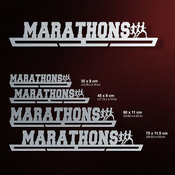 Marathon Medal Hanger shown in all available sizes with dimensions