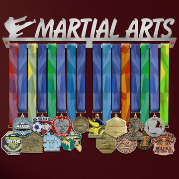 Martial Arts Medal Hanger holding a full row of medals on a wall