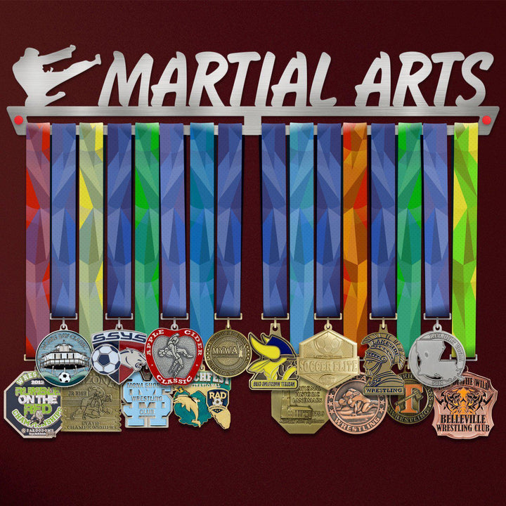 Martial Arts Medal Hanger holding a full row of medals on a wall