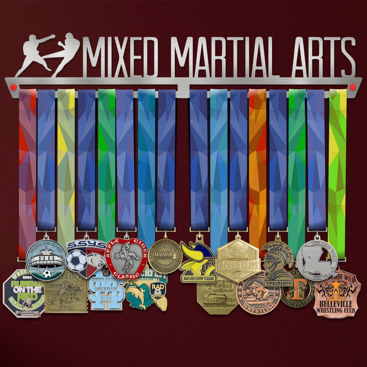 MMA Medal Hanger holding a full row of medals on a wall