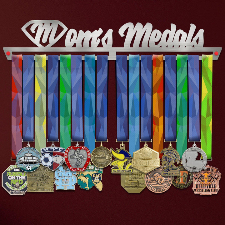 Mom's Medals Medal Hanger holding a full row of medals on a wall