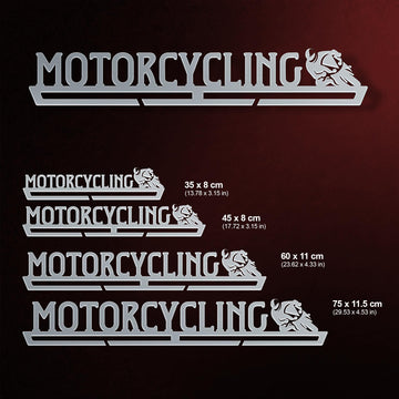 Motorcycling Medal Hanger shown in all available sizes with dimensions