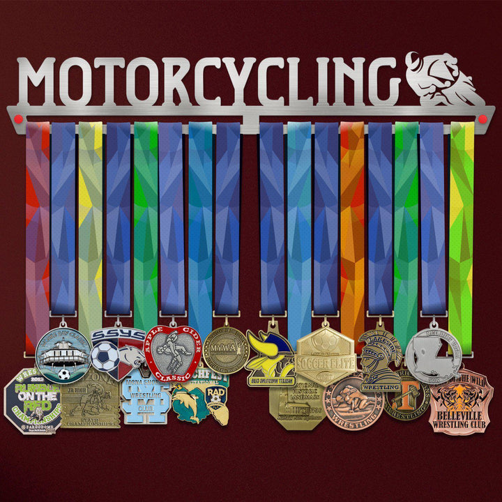 Motorcycling Medal Hanger holding a full row of medals on a wall