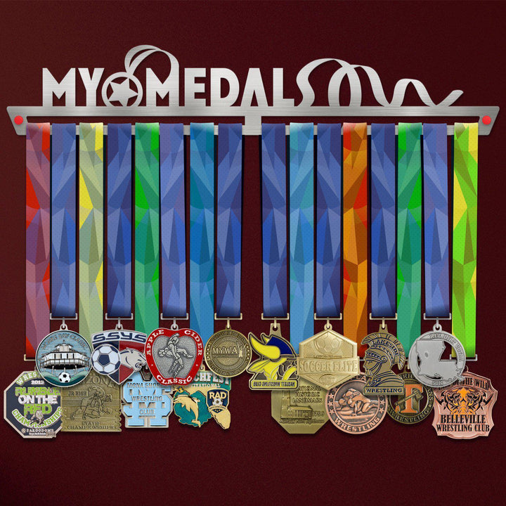 My Medals Medal Hanger holding a full row of medals on a wall