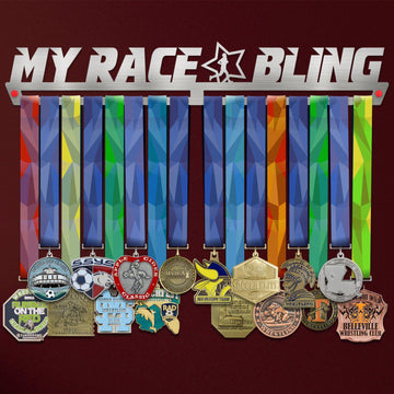 Men's My Race Bling Medal Hanger holding a full row of medals on a wall