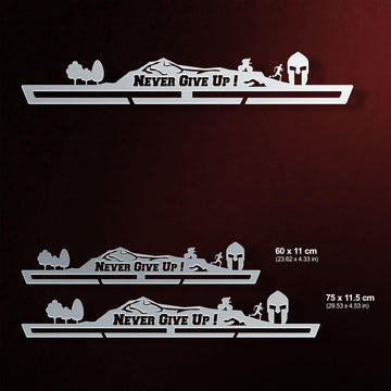 Never Give Up Trailscape Medal Hanger shown in all available sizes with dimensions