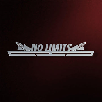 No Limits Medal Hanger in laser-cut steel on a dark background