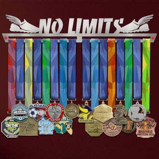 No Limits Medal Hanger holding a full row of medals on a wall