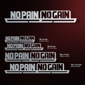 No Pain No Gain Medal Hanger shown in all available sizes with dimensions
