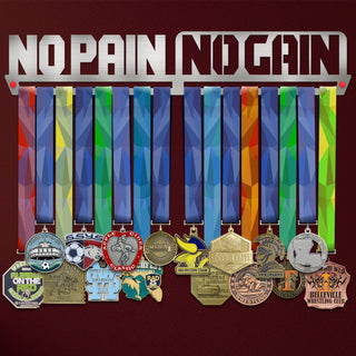 No Pain No Gain Medal Hanger holding a full row of medals on a wall