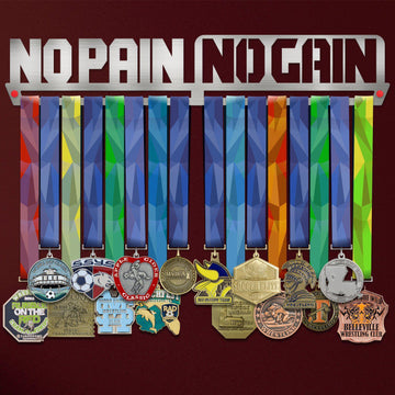 No Pain No Gain Medal Hanger holding a full row of medals on a wall