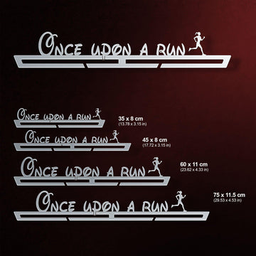 Women's Once Upon A Run Medal Hanger shown in all available sizes with dimensions