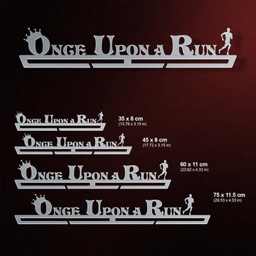 Men's Once Upon A Run Medal Hanger shown in all available sizes with dimensions