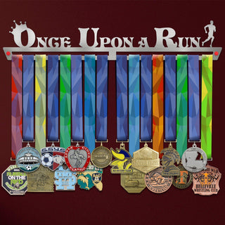 Men's Once Upon A Run Medal Hanger holding a full row of medals on a wall