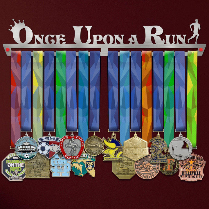 Men's Once Upon A Run Medal Hanger holding a full row of medals on a wall