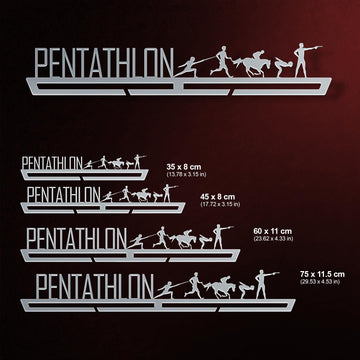Pentathlon Medal Hanger shown in all available sizes with dimensions