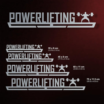 Powerlifting Medal Hanger shown in all available sizes with dimensions
